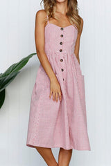 Vertical Striped Shirred Spaghetti Beach Midi Dress