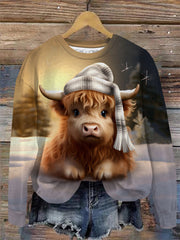 Women's Highland Cow Print Round Neck Long Sleeve Top