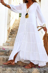 Button Through Ruffle Hem Linen Smock Dress