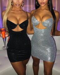 Glitter Cut Out Front Zip Back Bodycon Cami Mini Dress
