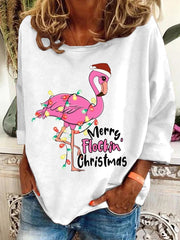 Christmas Flamingo Print Crew Neck Sweatshirt