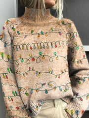 Vintage Christmas Art Print Knit Turtleneck Pullover Sweater
