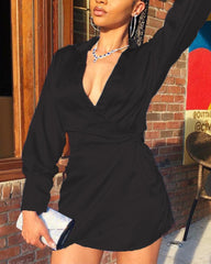 Solid Satin Wrap Over Mini Dress