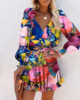 Multicolor Floral Print Skinny Waist Long Sleeve Mini Dress