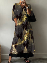 Glitter Gradient Christmas Tree Print Pocket V-neck Cotton Dress
