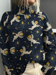Vintage Christmas Angels Print Knit Turtleneck Pullover Sweater