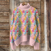 Vintage Christmas Cat Tree Pattern Print Turtleneck Knitted Cozy Pullover Sweater