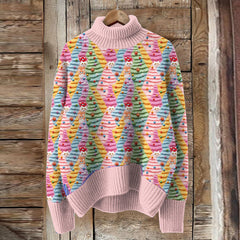 Vintage Christmas Cat Tree Pattern Print Turtleneck Knitted Cozy Pullover Sweater