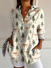 Lovely Christmas Tree Art Print Casual Cotton Shirt