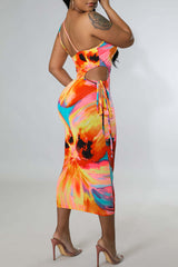 Allover Print Cut Out Asymmetrical Neck Dress