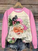 Pink Santa Christmas Music Roses Print Crew Neck Sweatshirt
