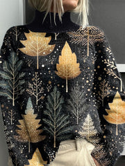 Christmas Gold Christmas Tree Pattern Art Print Knit Turtleneck Pullover Sweater