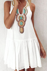 Boho Print Button Trim Sheer Beach Swing Dress