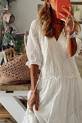 Eyelet Embroidery Tassel Detail Ruffle Hem Dress
