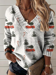 Christmas Car Art Print Knit V-neck Pullover Sweater