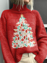 Christmas Tree Art Print Knit Turtleneck Pullover Sweater