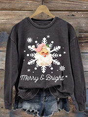 Merry And Bright Santa Claus Print Round Neck Sweatshirt