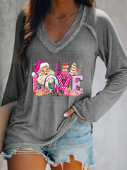 Love Pink Santa Print Long Sleeve V-Neck T-Shirt