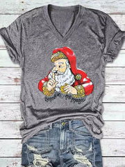 Christmas Believe In The Magic Santa Print V-Neck T-Shirt