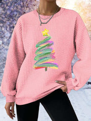 Oil Painting Christmas Tree Print Waffle Sweatshirt