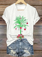 Florida Merry Christmas Palm Tree Printed V-neck T-shirt