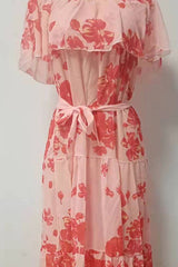 Allover Print Belted Ruffle Hem Maxi Dress