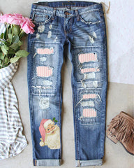 Retro Pink Striped Santa Ripped Jeans