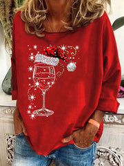 Shiny Christmas Red Wine Glass Print Casual Long-Sleeve Top