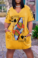 Poker Print Slant Pocket V Neck Dress