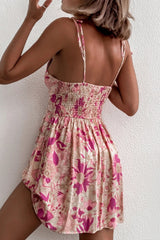 Floral Print Twisted Ruched Shirred Backless Dress