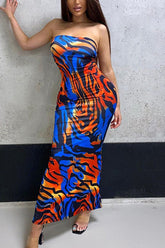 Allover Print Ruffle Hem Maxi Tube Dress