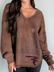 Christmas Print Long Sleeve V-neck Comfortable Cotton Shirt