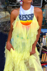 Sheer Mesh Layered Ruffle Trim Cami Dress