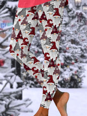 Casual Christmas Cute Gnome Snowflake Plaid Print Leggings