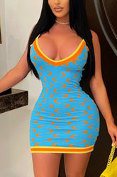 Moon Print Stripe Mini Bodycon Dress