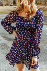 Floral Square Neck Long Sleeve Dress