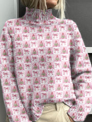 Pink Plaid Bow Christmas Tree Print Knit Turtleneck Pullover Sweater