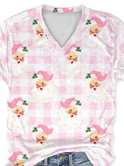 V-Neck Pink Santa Claus And Plaid Print T-Shirt