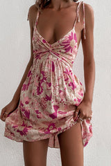 Floral Print Twisted Ruched Shirred Backless Dress