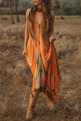 Allover Print Backless Halter Maxi Dress