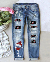 Christmas Wine Glass Print Loose Casual Jeans
