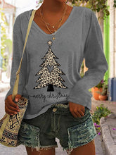 Christmas Leopard Christmas Tree Print V-Neck Long Sleeve T-Shirt