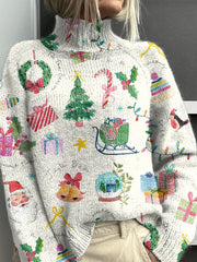 Retro Christmas Elements Print Knit Turtleneck Pullover Sweater