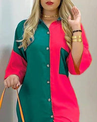 Colorblock Button Design Shirt Dress