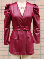 Burgundy Long Sleeves Sash PU Leather Short Mini Dress