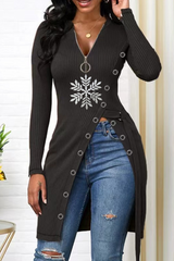 Red Street Snowflakes Zipper V Neck T-Shirts