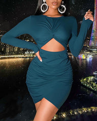 Solid Twist Cut Out Front Ruched Overlap Mini Dress