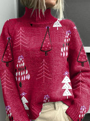 Rose Pink Christmas Tree Art Print Knit Turtleneck Pullover Sweater