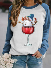 Snowman Wine Glass Print Christmas Sweatshirt