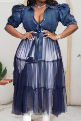 Contrast Mesh Belted Puff Sleeve Denim Dress